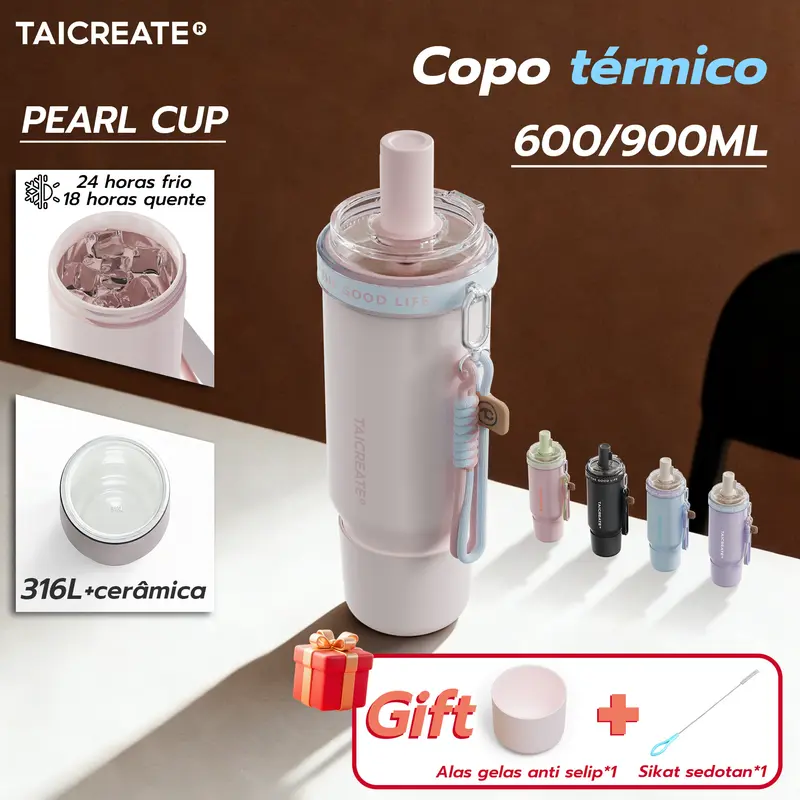 TaiCreate Pearl Cup 600/900ml 316L Garrafa Térmica revestimento interno cerâmica revestido vácuo garrafa com canudo pode ser refrigerado por até 24 horas pode ser usado no carro, escritório, viagem, casa
