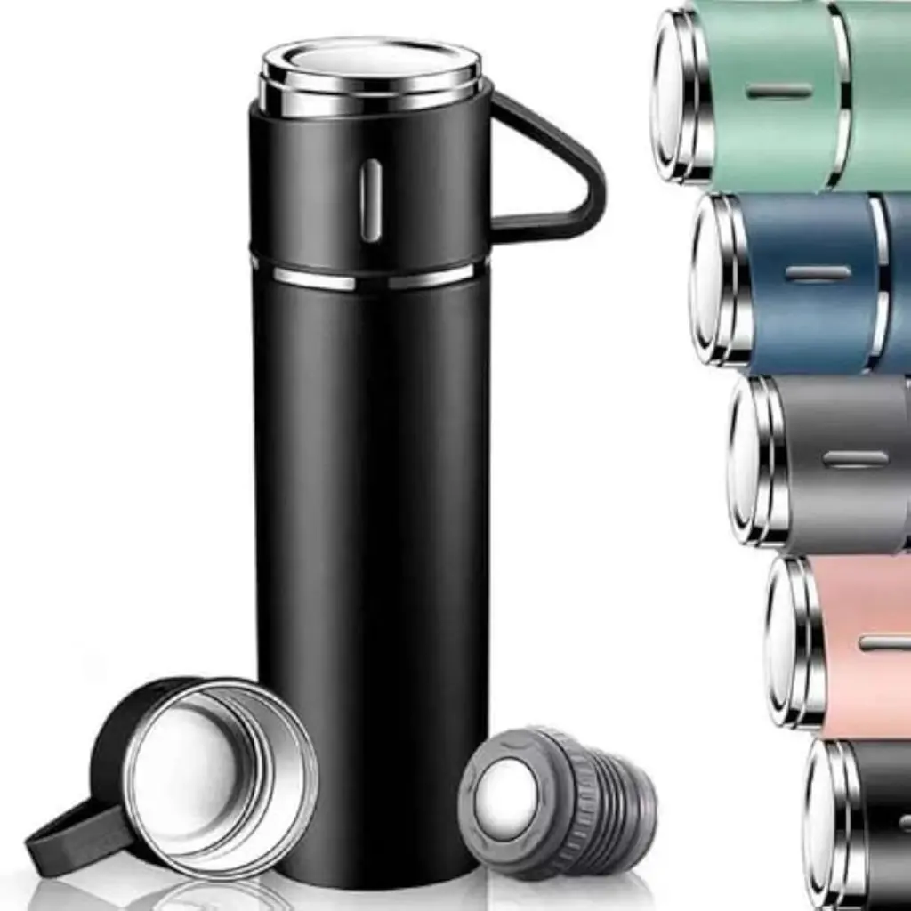 Kit Garrafa Térmica Portátil Inox À Vácuo 500ml + 3 Canecas Mantém Bebidas Quentes ou Froidas por Mais Tempo Ideal para Viagens e Uso Diário