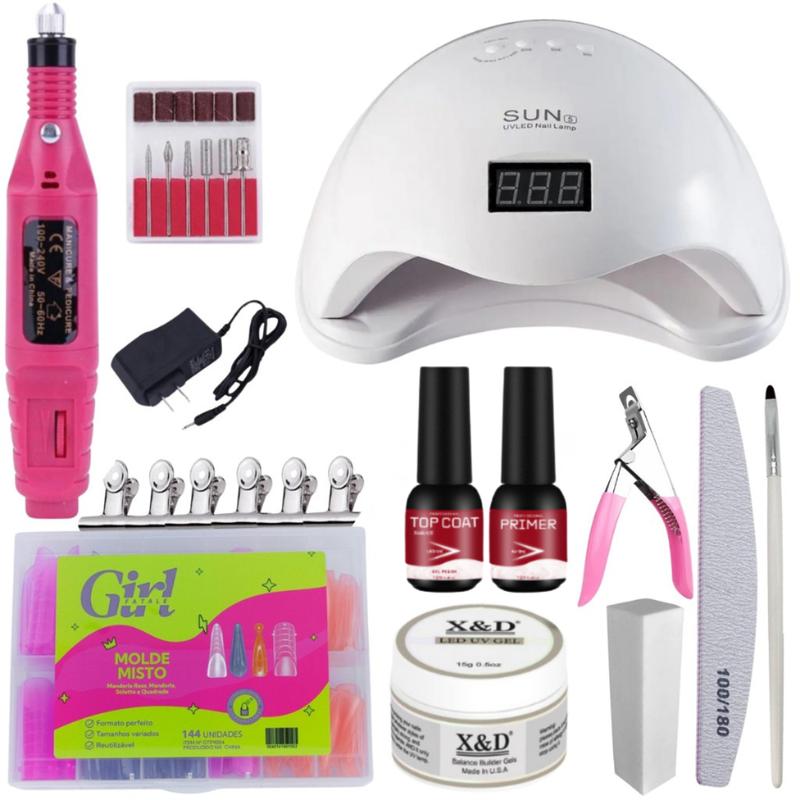 Kit Alongamento Unha Gel Cabine Sun 5, Lixadeira Motor Caneta, Molde F1, Gel X&D, Top Coat e Primer