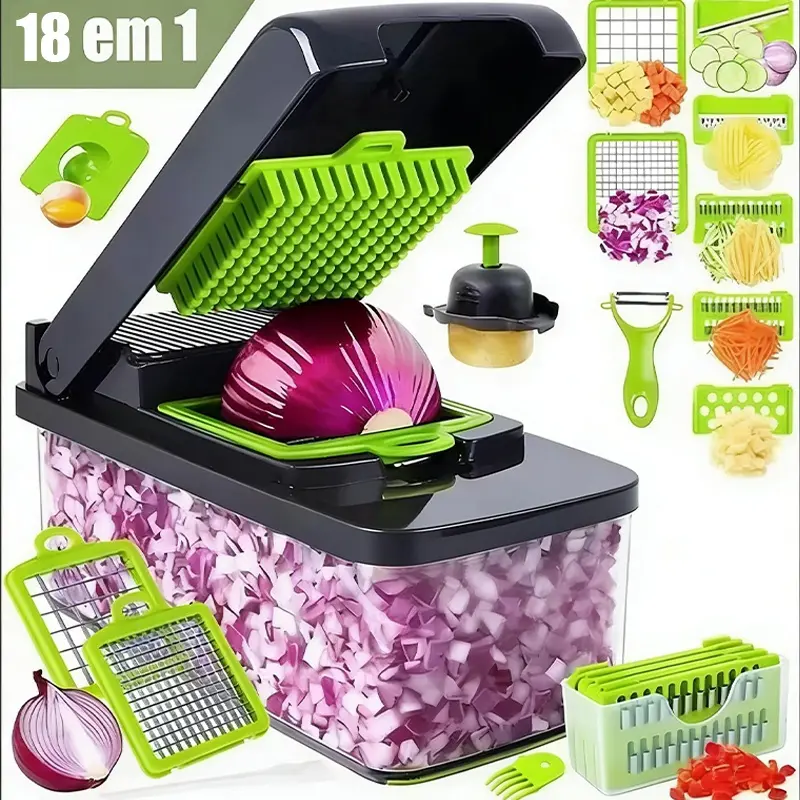 Cortador 18 em 1 Multifuncional de Legumes e Frutas | Fatiador com Lâminas Intercambiáveis de Aço Inoxidável, Ferramenta Prática para Cortar, Fatiar e Picar, Material Seguro para Alimentos, Perfeito para Cozinha Doméstica e Preparo de Refeições