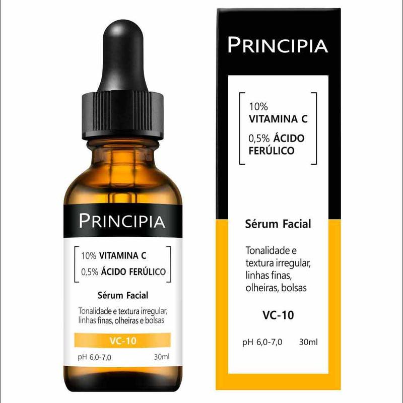 Sérum Facial Vitamina C 10% + Ácido Ferúlico Principia Skincare VC-10 - Antioxidante com 30ml Desbota Manchas Escuras Duo Manchas Escuras
