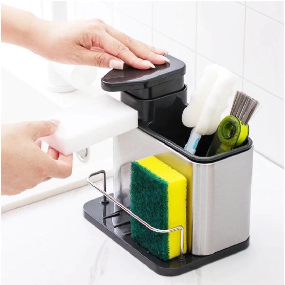 Porta Detergente Dispenser Inox Para Sabão Líquido e Esponja Organizador de Pia Cozinha 3 em 1 Aço Inoxidável ABS 18.8x18x12.8cm