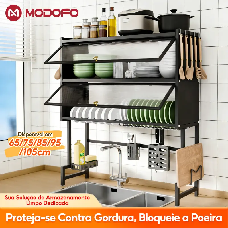 【MODOFO】Organizador de Louças 2 e 3 Andares em Aço Inoxidável Preto:  Com armários Suporte em aço inoxidável   Escorredor Compacto  Multifuncional Antiferrugem com Design Espaçoso - Prático para Pia e Cozinha