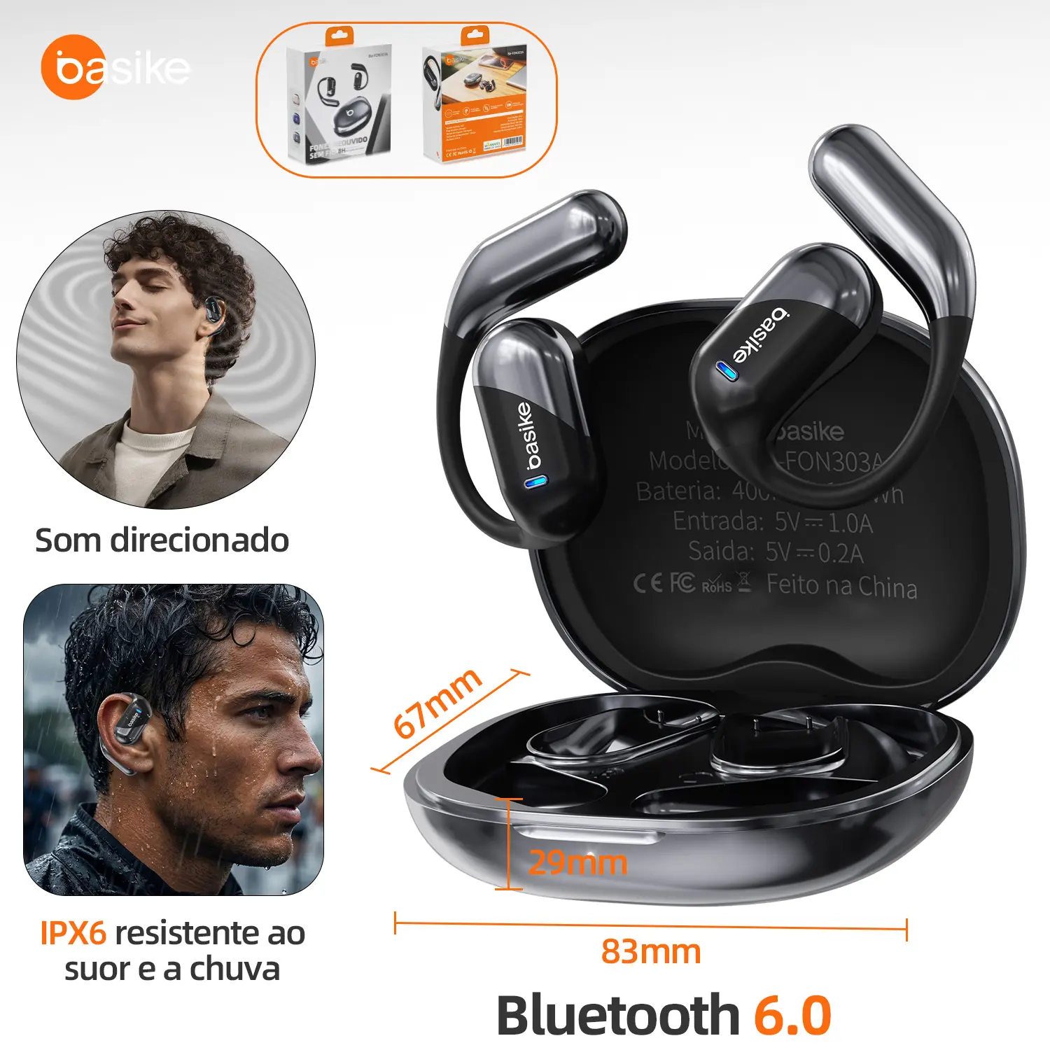 Basike Fone De Ouvido Bluetooth 6.0 TWS Sem Fio Esportivo Open Ear IPX6 Graves Potentes Bateria Longa Duracao Para Corrida Academia Bike Presente Dia Das Maes Compativel iPhone Samsung Xiaomi