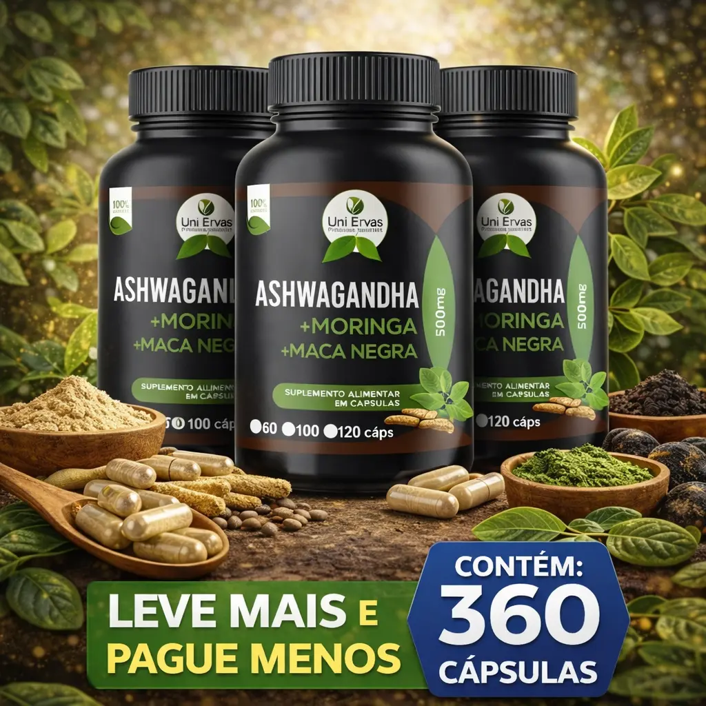 SUPLEMENTO VITALIDADE 3 EM 1 ASHWAGA + MORINGA BLACK + MACA 100% NATURAL 500MG