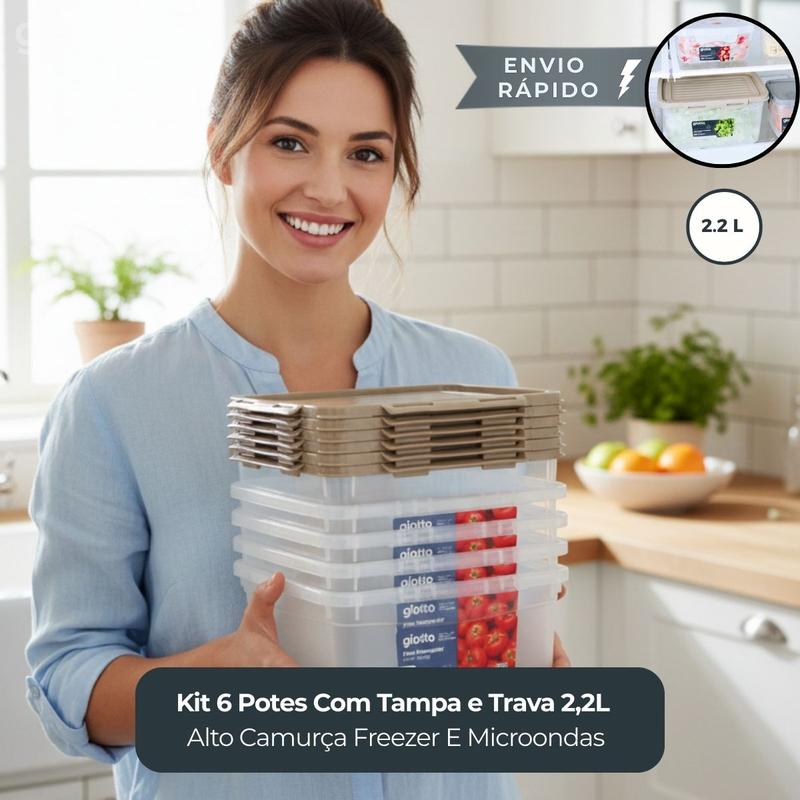 Kit 6 Potes Com Tampa e Trava 2,2L Alto Fitness Frezer e Micro-Ondas Camurça Cinza Off-White Transparente Armazenamento de alimentos cozinha casa condimentos