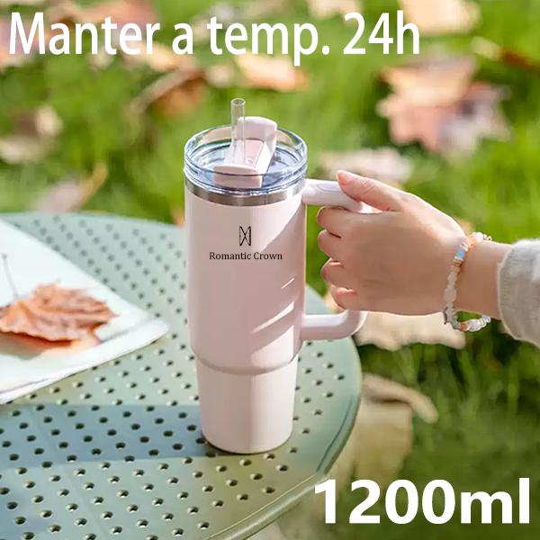 Copo Térmico Seguro Canudo Inox 1200ml/1.2L Garrafa Térmica Inoxidável com Tampa e Canudo Resistente a Vazamentos Isolada a Vácuo-ROMANTIC CROWN